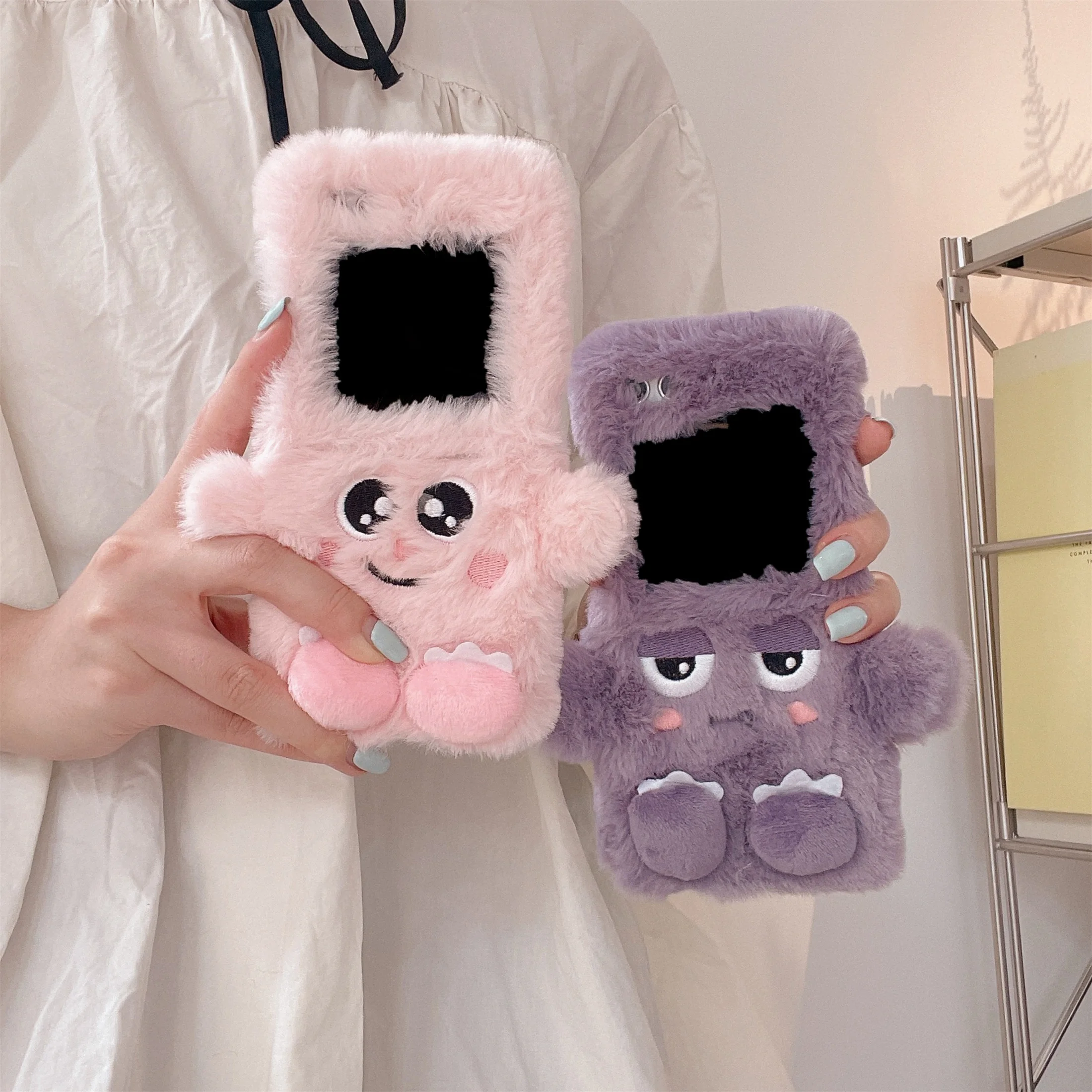 Cute Lovely Plush Cartoon Phone Case For Samsung Galaxy Z Flip 5 4 3 Flip5 Flip4 Flip3 zFlip5 zFlip4 5g Fluffy Furry Soft Cover