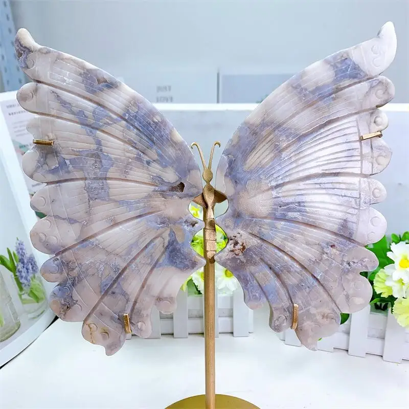 Natural Flower Agate Butterfly Crystal Wings Carving Quartz Healing Crafts Birthday Gift Room Decor Home Decoration 1pair