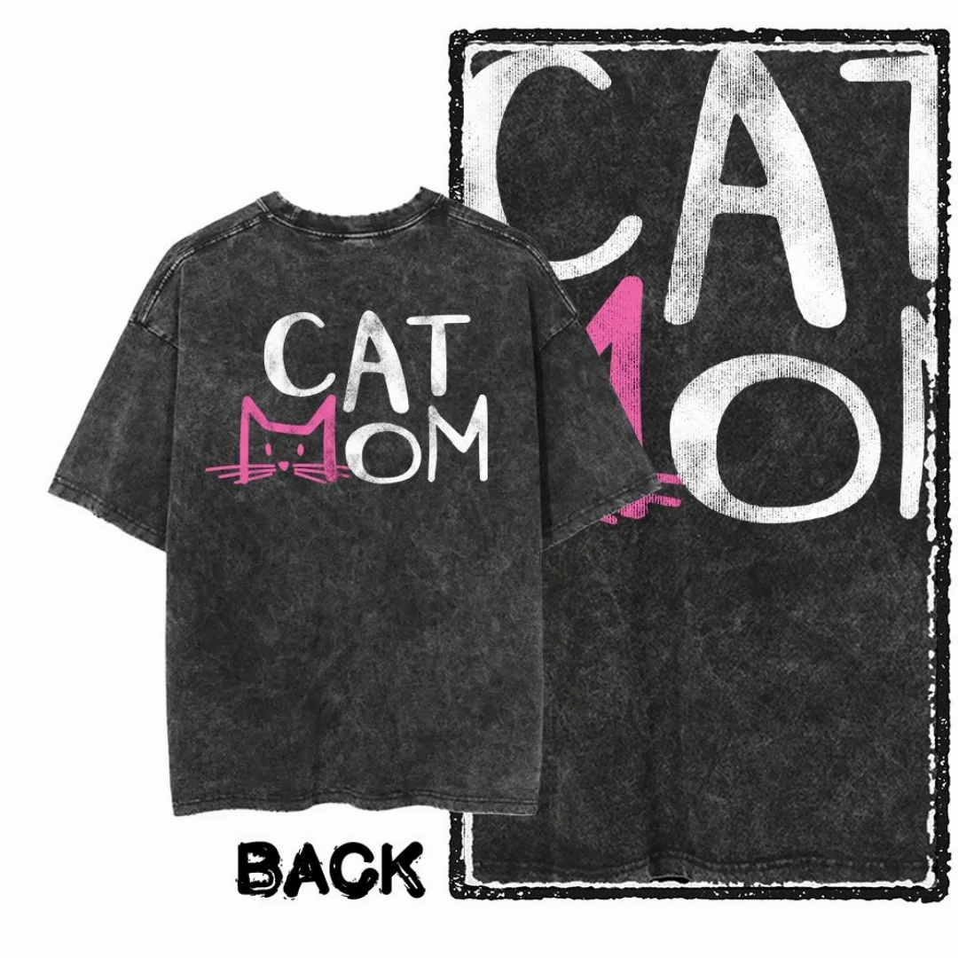 

Vintage Washed Cat Mom Letter Graphic Pink Cat Icon Men T Shirt Oversized Black T-Shirt Retro Distressed Casual Streetwear