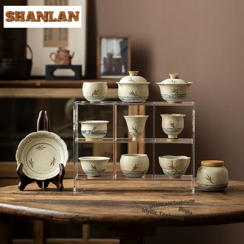 Hand-painted Bamboo Shadow Gaiwan Japanese Tea Tureen Tea Bowl With Lid Kit Tea Making Cover Bowl Accessories Craft Teaset Gifts