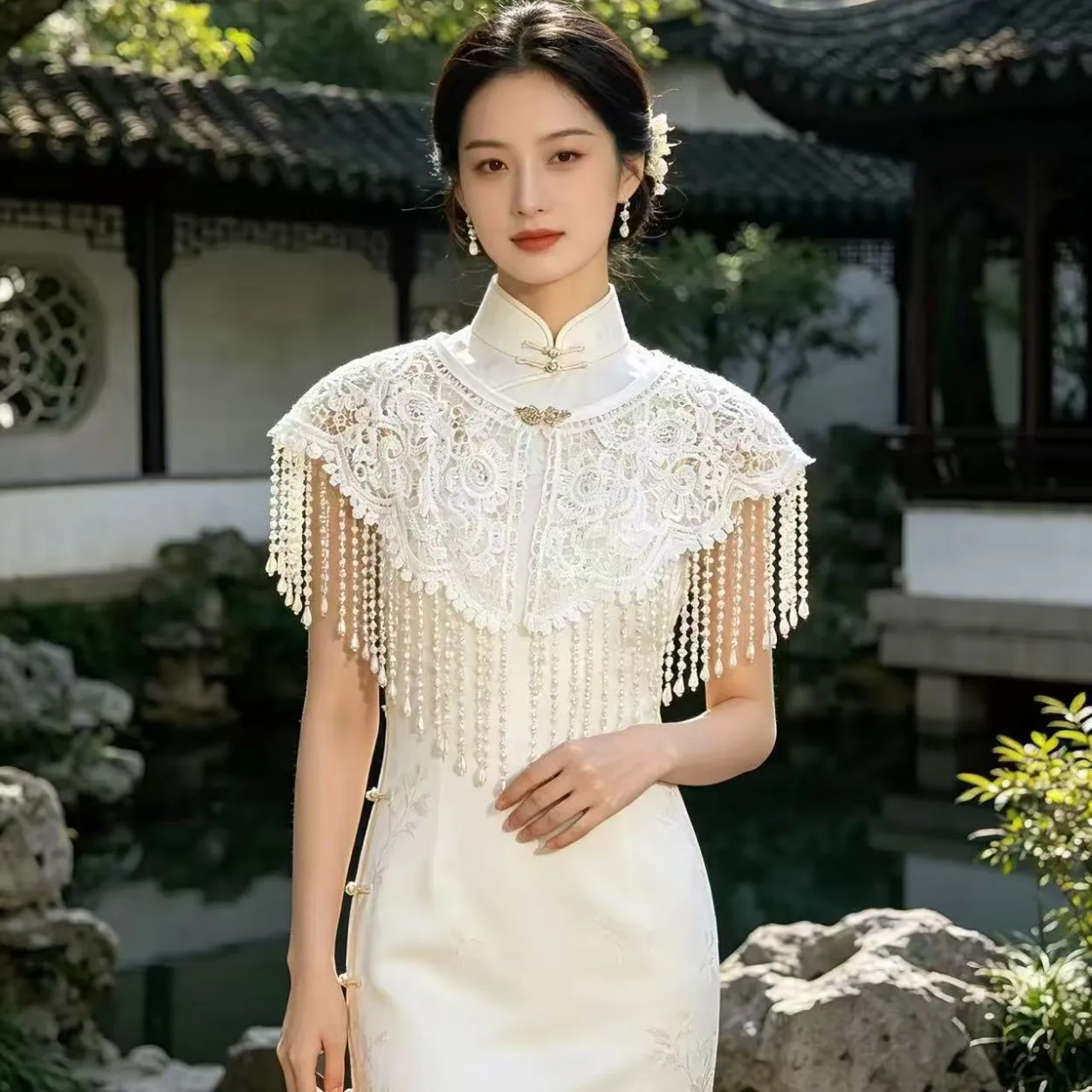 Vintage Pearl Tassel Shawl Ancient Style Cloud Shoulder Hanfu Tassel Elegant Cheongsam Shawl Detachable Collar Wedding Decor