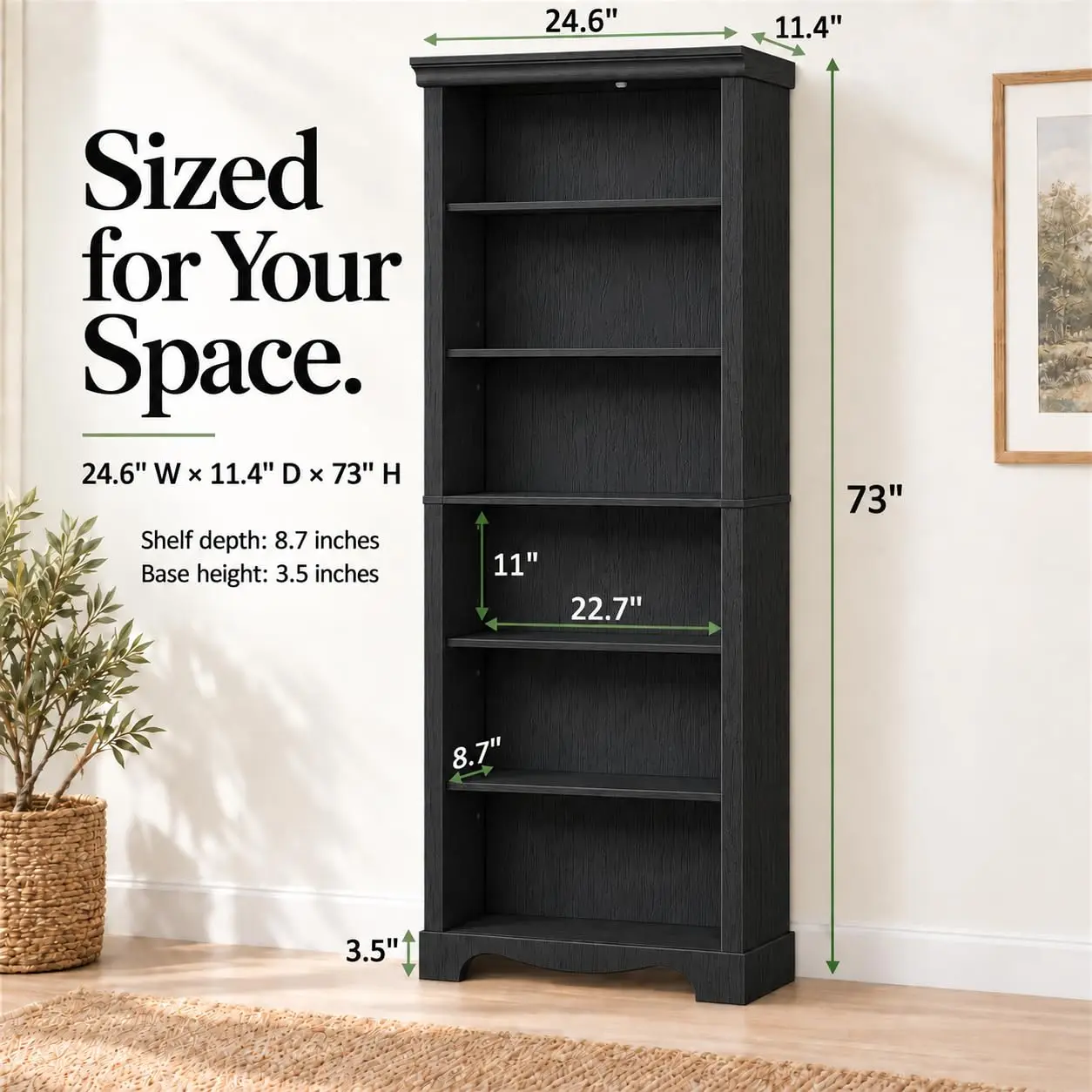 6-Tier Bookshelf, 73 inch Tall Bookcase, Black, Anti-Tipping