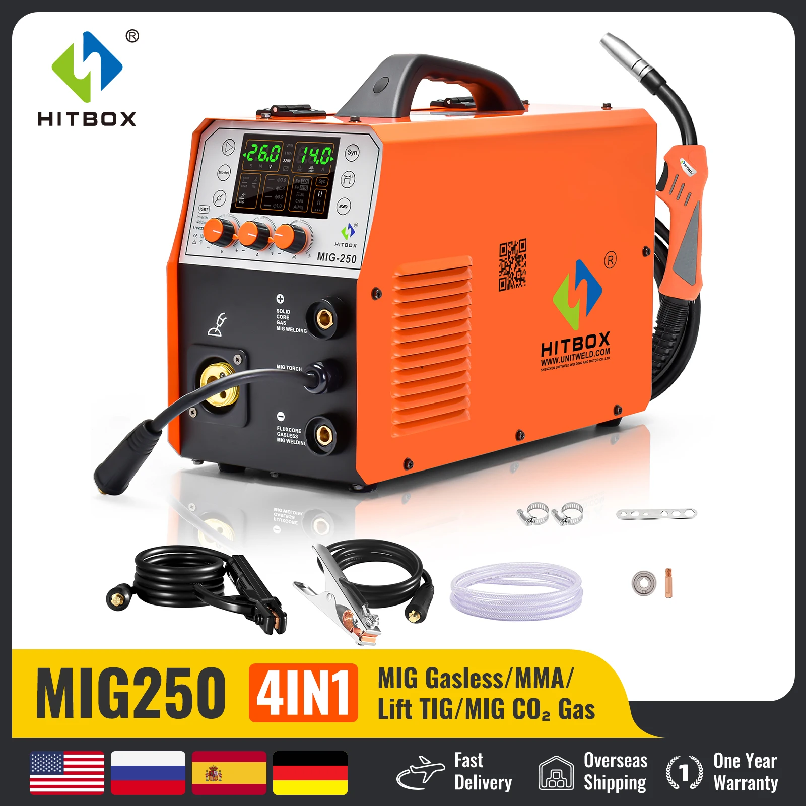 

HITBOX MIG Welding Machine MIG250 6 in 1 Digital Display 220V MIG Gasless/ARC/Lift TIG/Gas CO2 2T/4T Welders