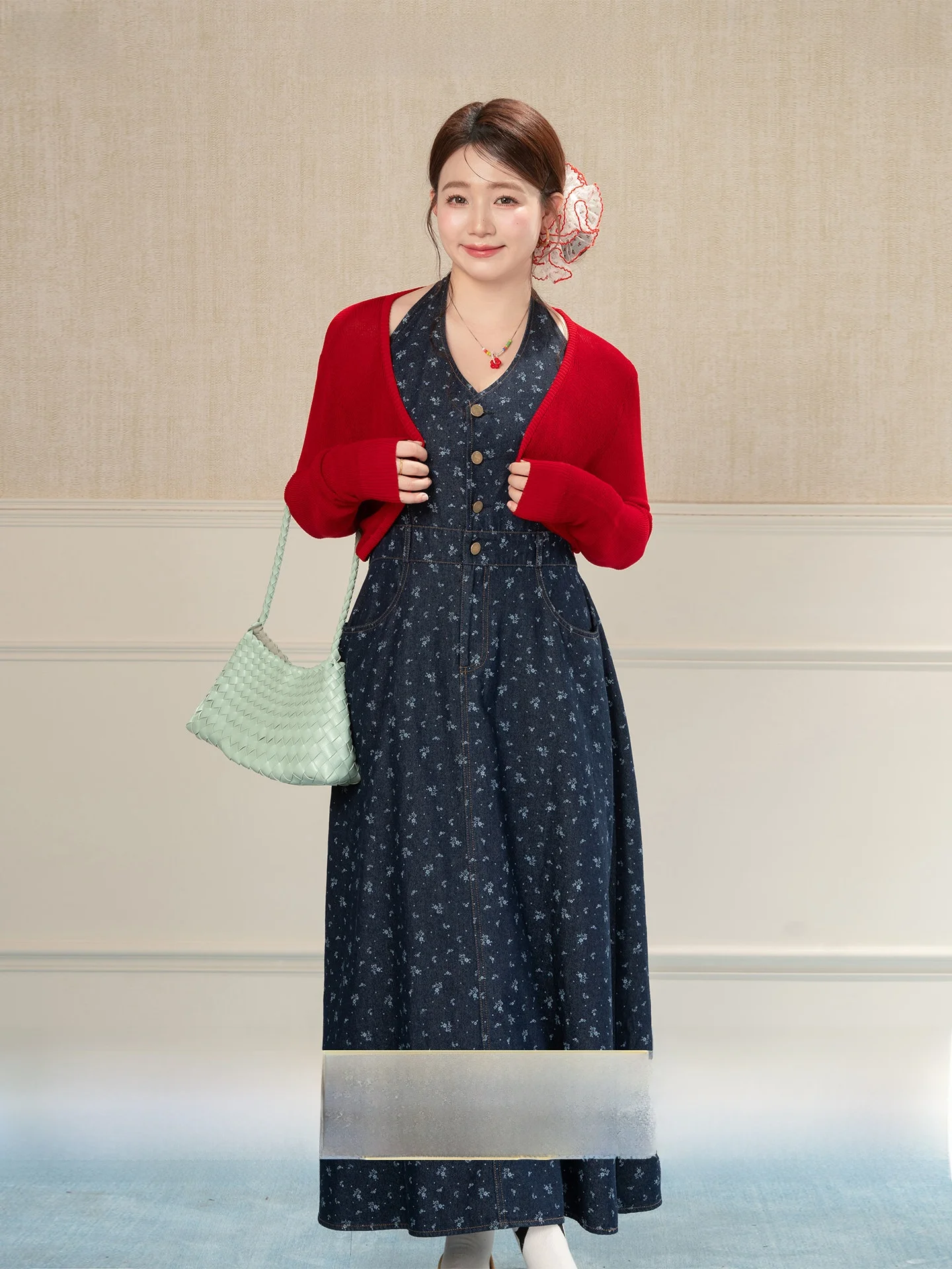 

Heynew plus Size Women's Clothing Cardigan Neck Hanging Dress Spring Summer Floral Step Ensemble Korean Style Slim Fit Long S...