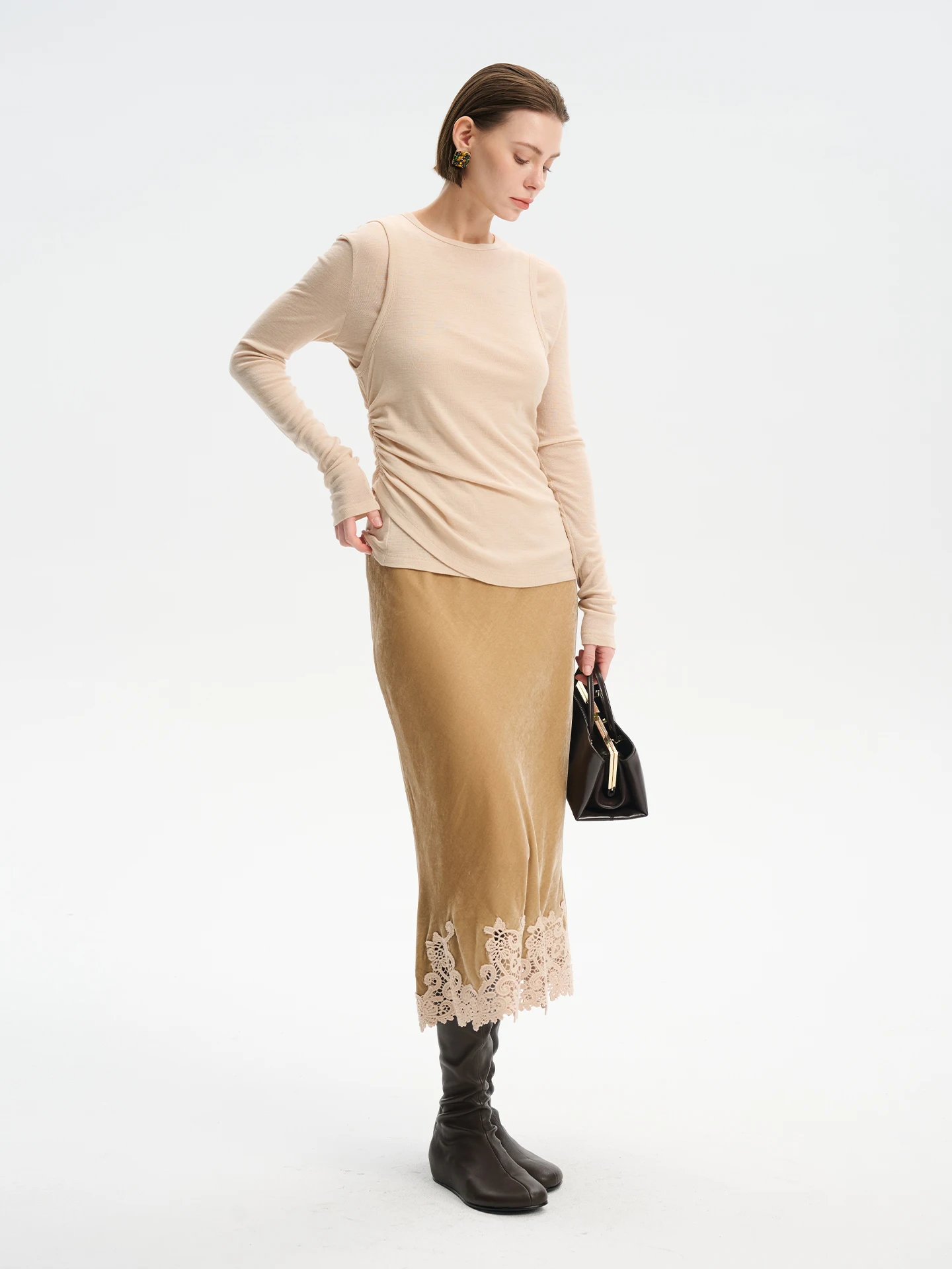 

Romantic Formula Silk Velvet Midi Skirt with Elastic Waist Lace Trimmed MAIMAI Women's Faion Spring Summer Autumn Winter