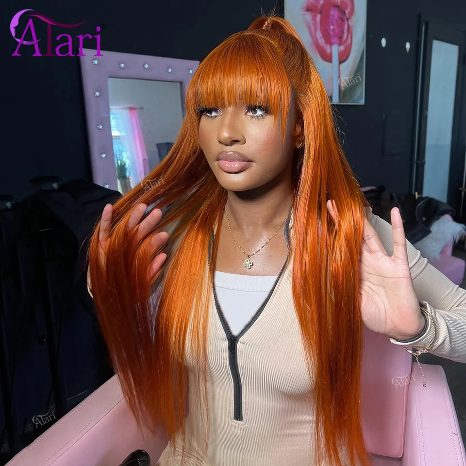 

Calamondin Ginger Straight Human Hair Wigs with Bangs Transparent Copper Orange 13x4 13x6 Lace Frontal Wig Pre Plucked for Women