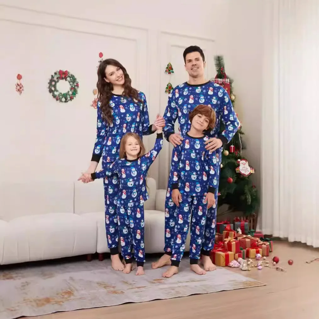 

2025 Christmas parent-child clothing, blue printed pajamas, family of four adult and children's pajama sets and baby jumpsuits