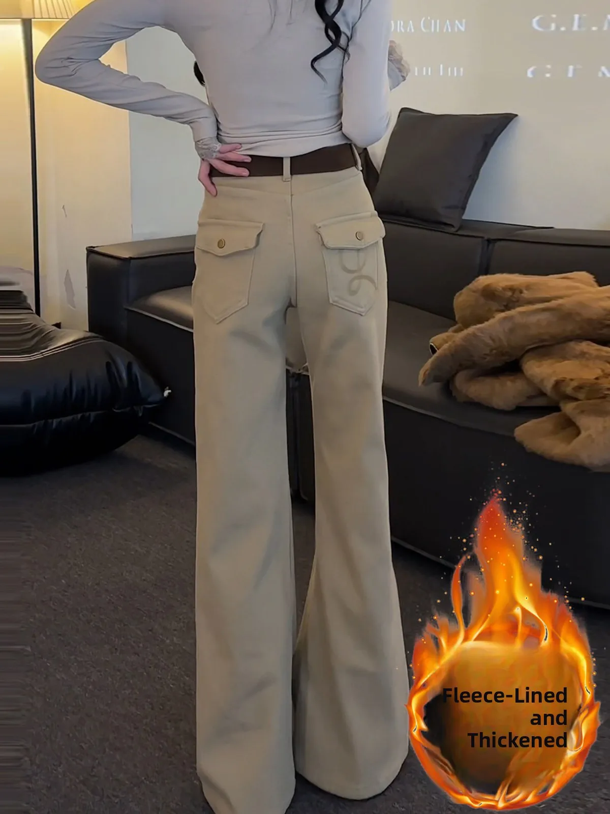 

Khaki High Waist Fce Lined Flare Jeans Women's Spring New Sle Straight Leg Jeans ket Detail Slim Fit No Stretch