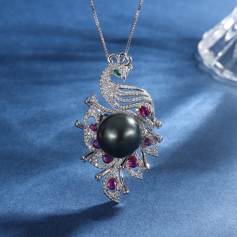 Fashion Jewelry Peacock Pearl Gemstone Pendant Inlaid Diamond Necklace Pendant for Women