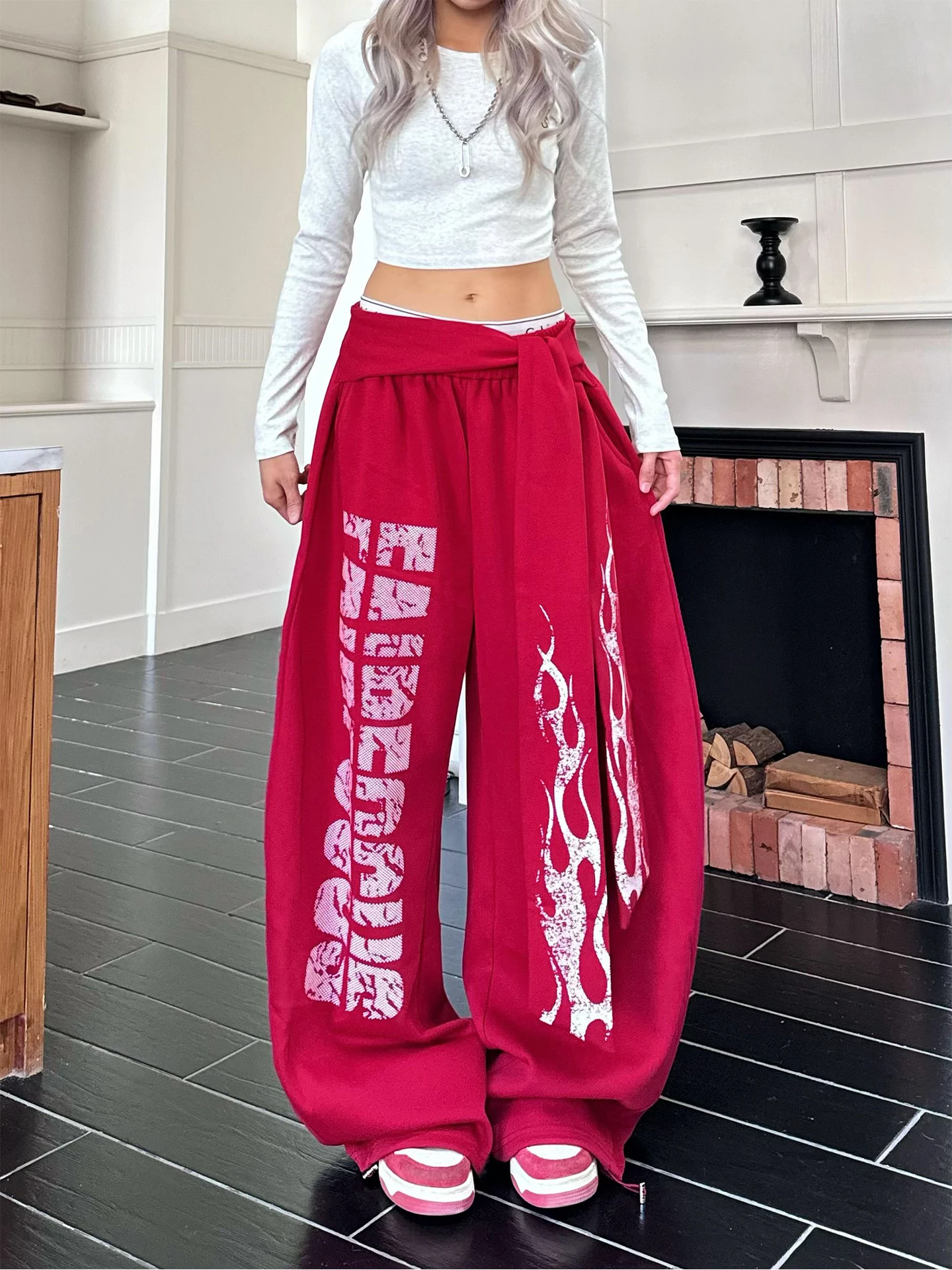 

YAMMYUKI Американские ретро-спортивные брюки свободного кроя с широкими штанинами, съемными элементами, для танцев, из полиэстера, с эластичным поясом