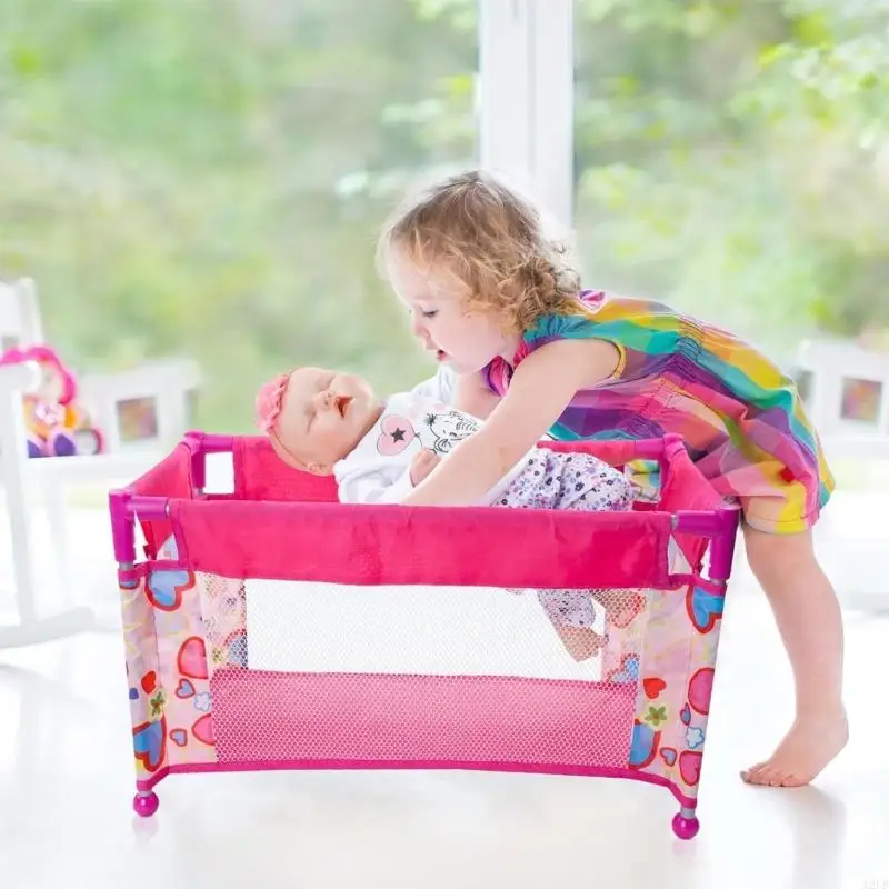 Children Pretend Play Baby Crib Bed for Kids with Iron Frame Heart Print Role Play Accessories A2UB