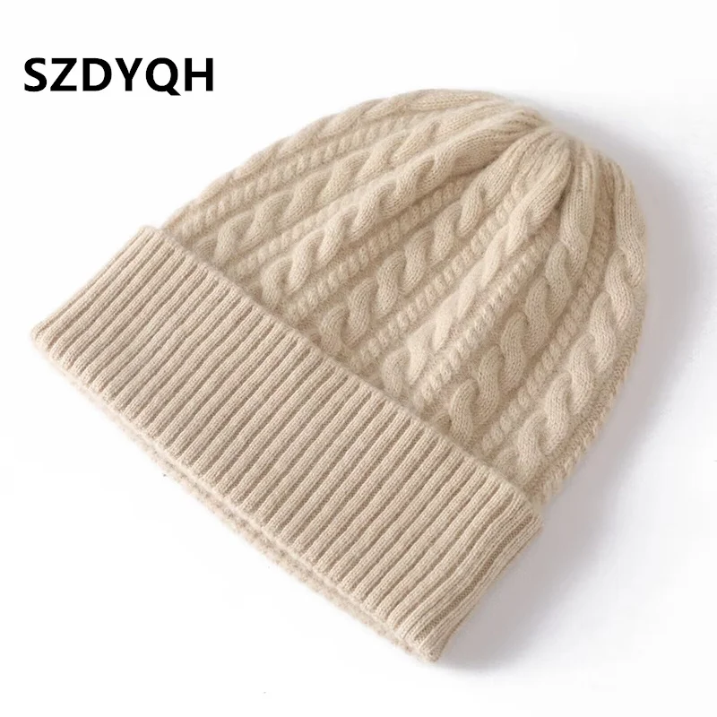 Hot Sale New Arrival Autumn Winter Women Hats 100% Cashmere Knitted Headgears Soft Thicken Warm Fashion Girl Cap 4 Colors