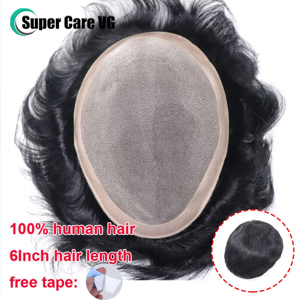 6*8/ 6*9/ 7*9 Breathable  Fine Mono With PU Toupee Men #1B 6Inch Men\'s Wig Human Hair Toupee Men\'s Replacement Systems Unit Wig