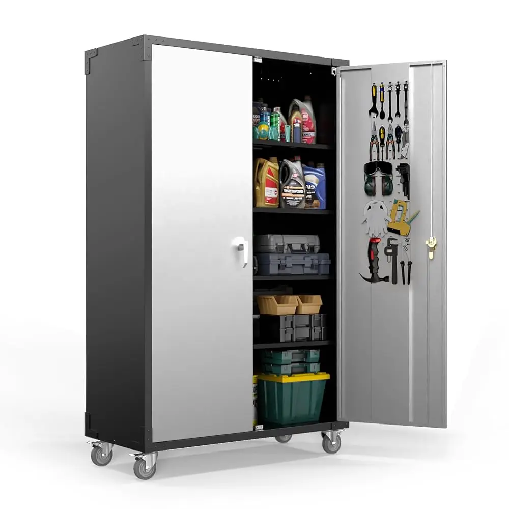 

Upgraded Wide & Deep Garage Storage Cabinet, Metal Storage Cabinet With Pegboards, Wheels, Locking Doors And Adjustable Shelves