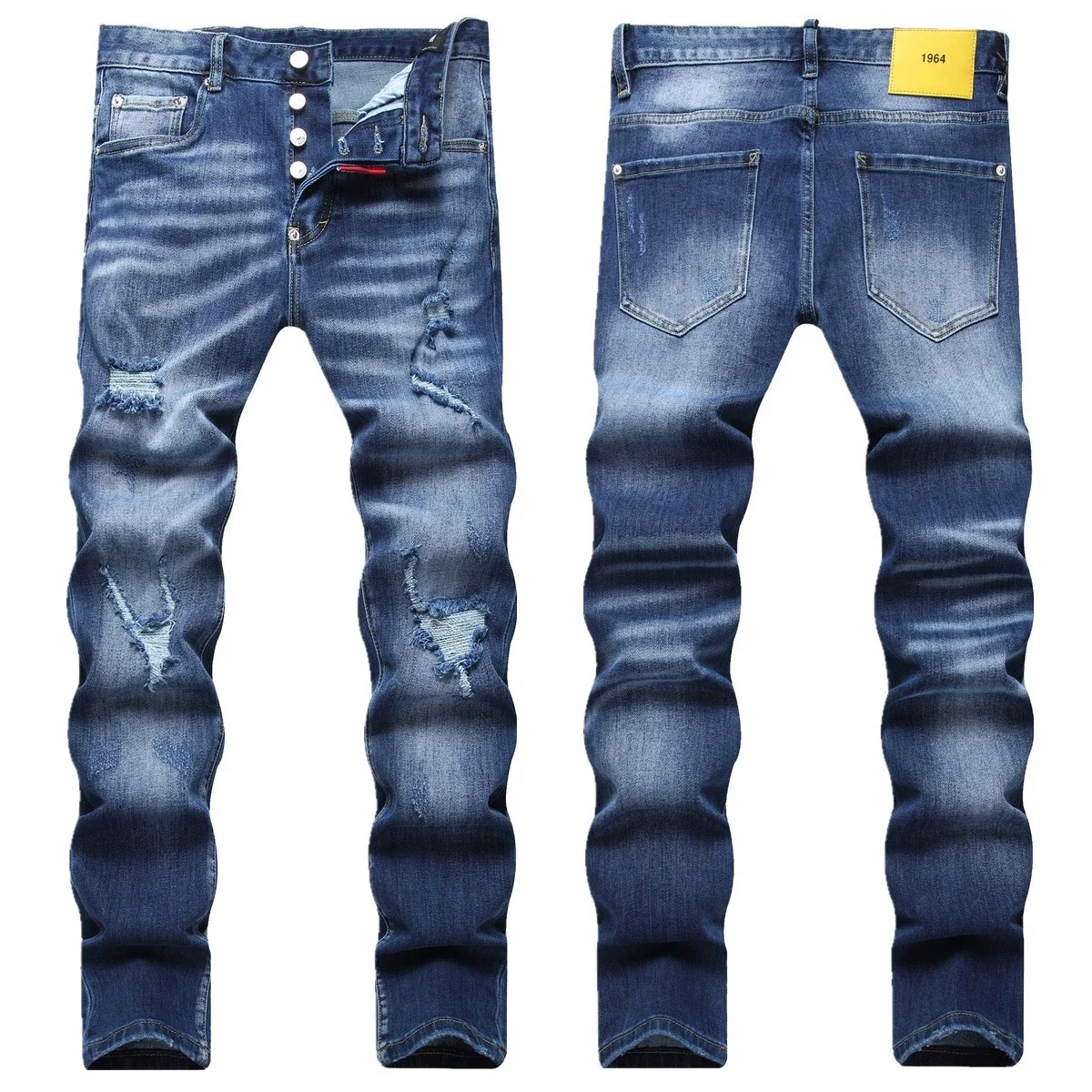 2025 Men\'s Ripped Jeans Luxury Brand Light Blue Holes Long Trousers Quality Male Fashion Stretch Slim Pants 58 Men Skinny Jeans