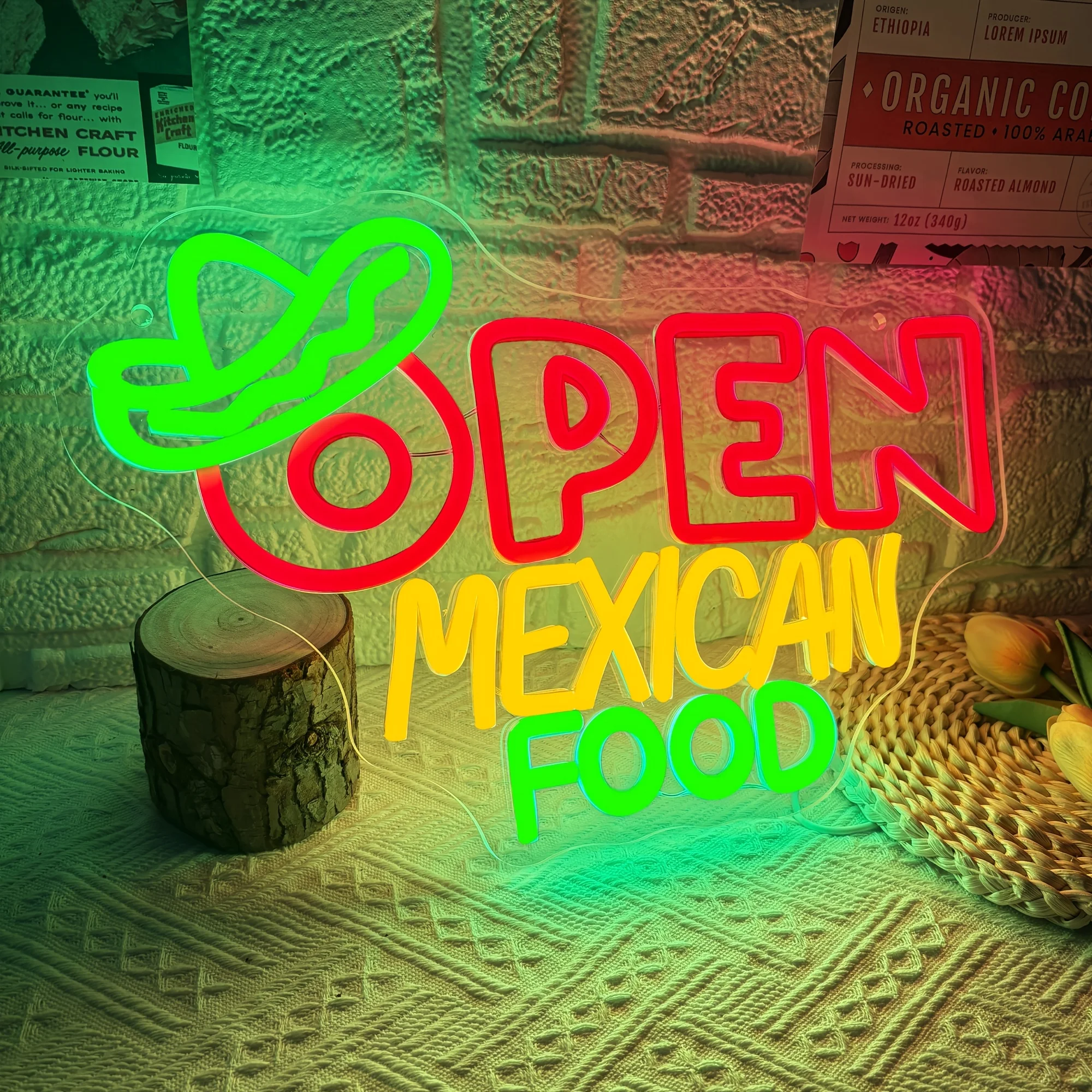 レストラン、タコスパーティー、テーマイベント用のLEDオープンメキシコフードネオンサイン - 装飾的なウェルカムサイン、レストラン照明