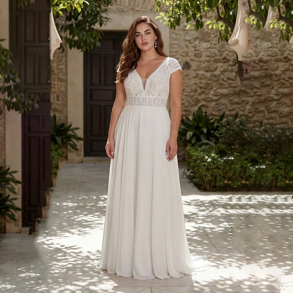 

Plus Size Wedding Dresses Backless Cap Sleeve V-Neck Chiffon Civil Bride Gowns For Women Applique vestidos de noiva Customized