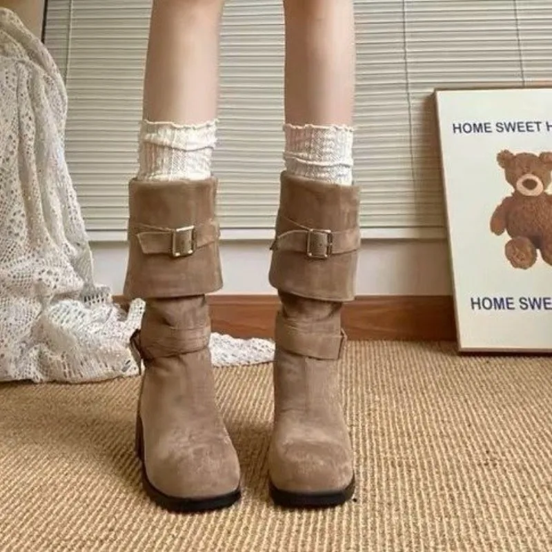 Slouch Fold‑Over High Boots, Suede Buckle Strap Block Heel Tall Boots, Two‑Way Wear Western Stacked Knee‑High Boots
