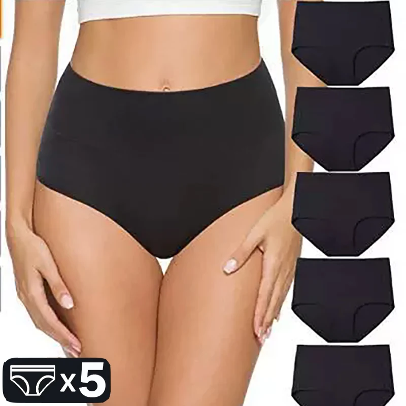 5Pcs Women's High Waist Panties Cotton Plus Size Shaper Solid Color Breathable Abdominal Support Underwear Sexy Lingeries Female
