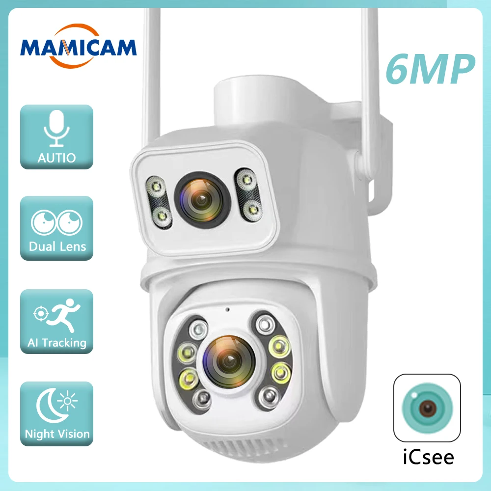 

6MP WIFI IP Camera Dual Lens Dual Screen Outdoor PTZ Auto Tracking AI Human Detection Security Home CCTV Camera ICSEE App