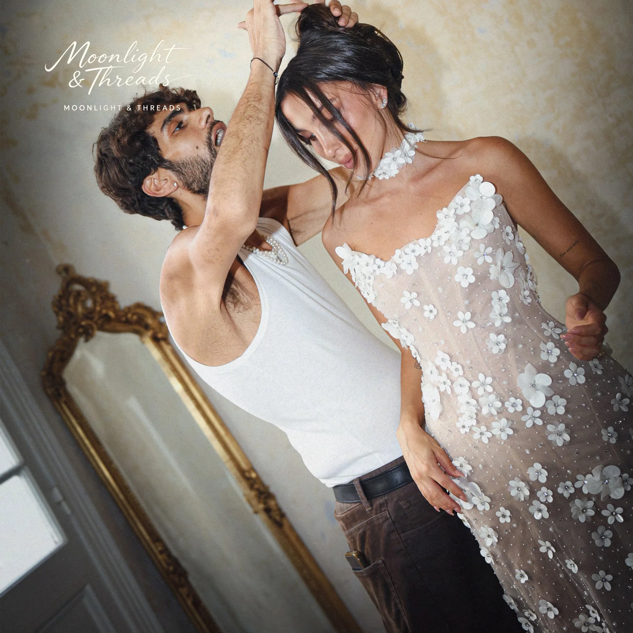 One‑Shoulder 3D Floral Beaded Tulle Mermaid Wedding Gown Floor‑Length Bridal Wedding Dress With Matching Flower Choker