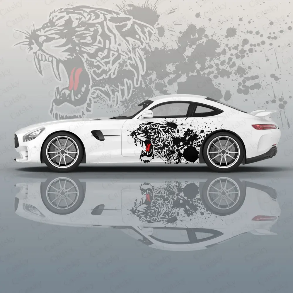 Funny Black Graffiti Tiger Car Graphic Decal Protect Full Body Vinyl Wrap Modern Design Image Wrap Sticker Decorative Car Decal