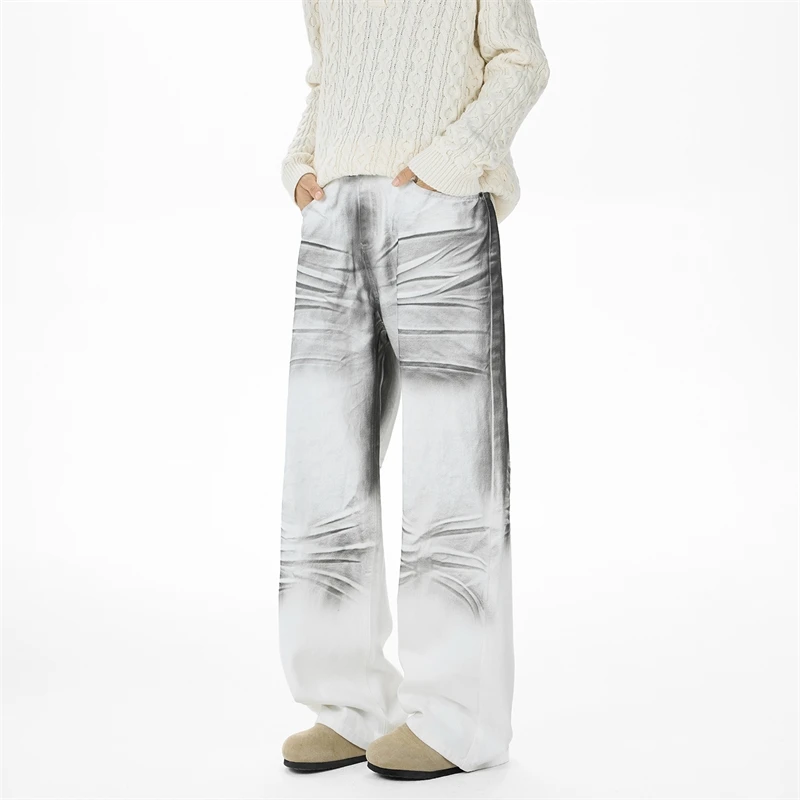 White Muddyed Trendy Distressed Creased Men's Jeans With Splatter Paint Loose Straight Wide Leg Denim Long Pants IK2H