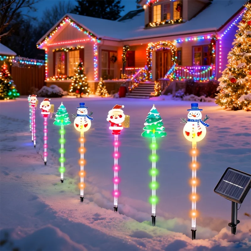6 peças estacas de Natal solares à prova de intempéries-formas de Papai Noel/boneco de neve/árvore, 8 modos de iluminação, decoração de caminho de jardim