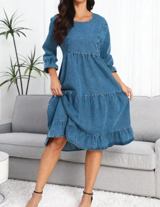 Vestido largo holgado de manga larga de mezclilla de otoño para mujer estilo clásico nueva moda femenina Casual vestidos de línea A