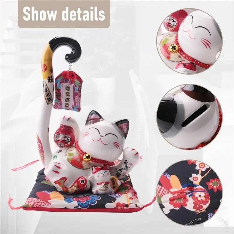AS94-8.6 Inch Maneki Neko Lucky Cat Money Box Coin Bank Japanese Long Tail Fortune Cat Feng Shui Home Decor