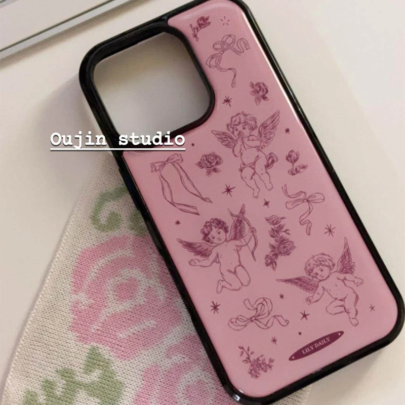 Funda de teléfono coreana Ins con diseño de lazo de ángel rosa y borde negro con pegamento líquido para iPhone 17 Air 16 Pro Max 15 14 Plus 13 12 11, cubierta trasera