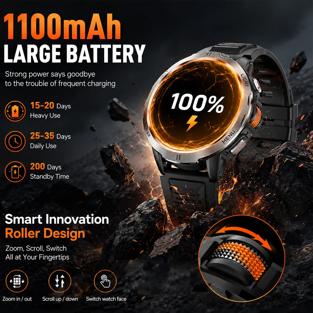 2026New Military 1100mAh Battery Smart Watch Men 3ATM Waterproof Compass LED Flashlight 1.7-inch AMOLED HD Display Smart Watch