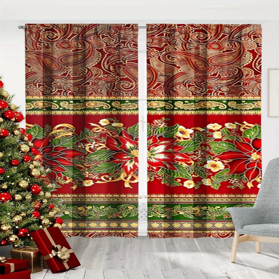 2PCS Digital Print Curtain, Red Paisley Pattern with Poinsettia Flowers and Gold Trim, Green Stripes, Ornate, for Bedroom Decor