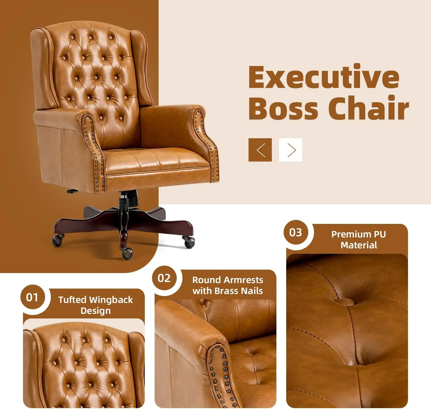 Tufted Office Chair, Faux Leather Executive Desk Chair w/High Back & Nail Head Trim, Ergonomic Wingback PC Chair for Home,