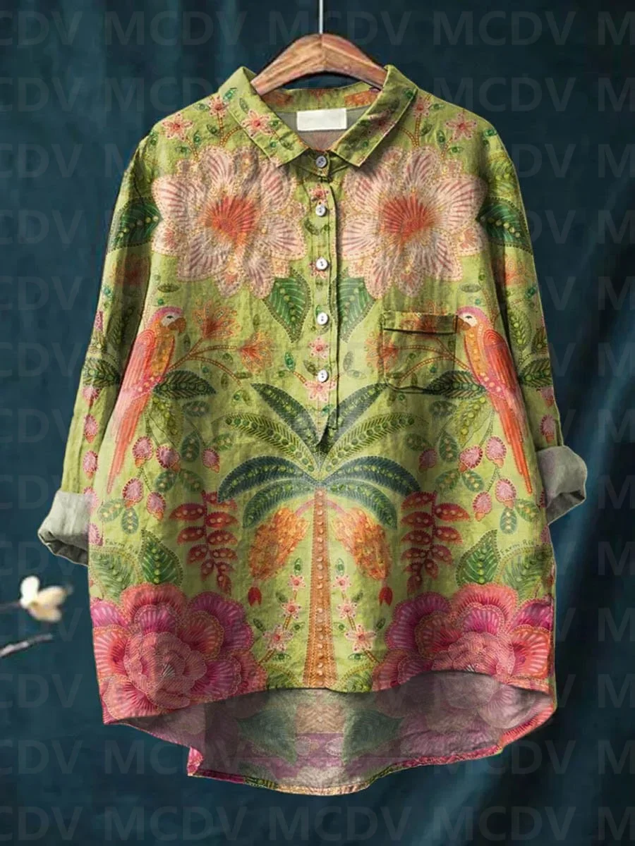 

Women's Vintage Ethnic Floral Parrots Art Print Casual And Linen Shirt