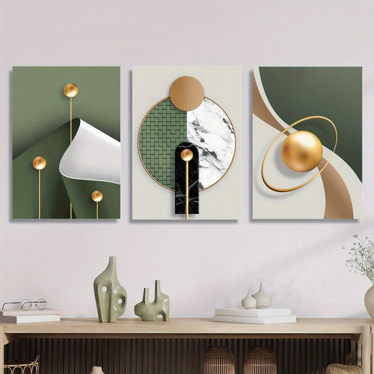 Frameless3pcs wood framed canvas print art, modern abstract Nordic luxury Golden solid geometry, simple olive green art, Suitabl
