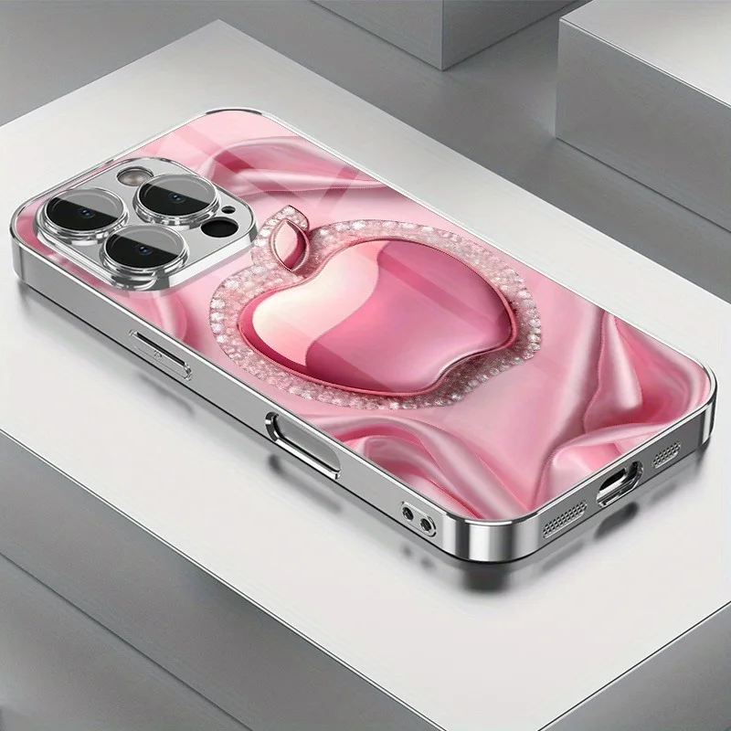 

Pink Sparkling Diamond For Apple Print Glass Electroplated Silver Phone Case For Samsung Galaxy S23 S24 S25 Ultra Plus FE Cover