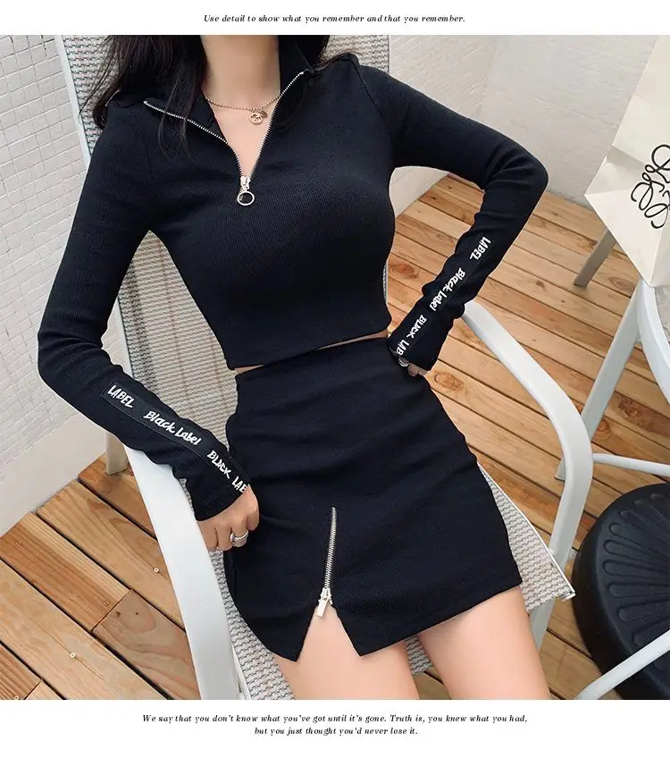 

Fashionable Spring and Autumn New Style Slant Zipper Stand Up Collar Slim Top Sexy Half Body Skirt Two Piece Set