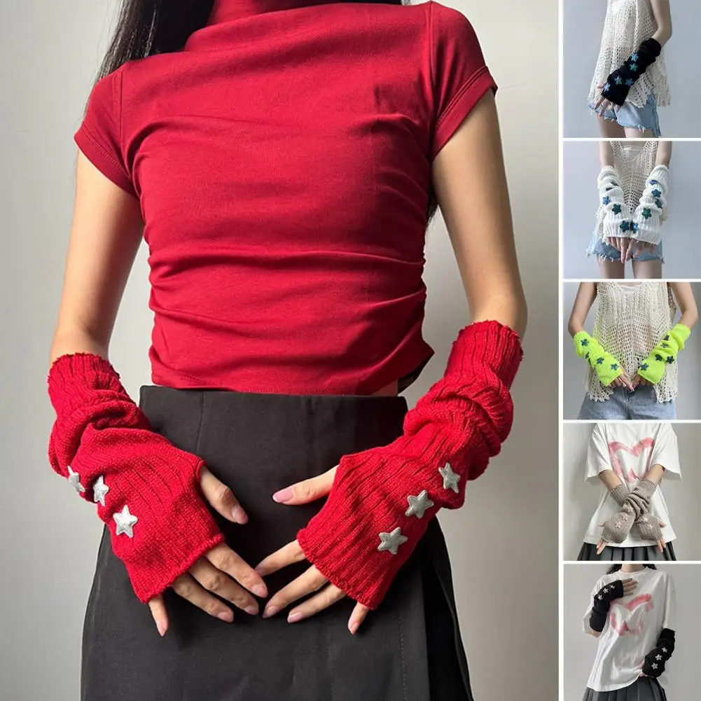 Women's Autumn Winter Warm Star Pattern Knitted Arm Sleeves Style Fingerless Gloves Fashionable Exposed Finger Gloves