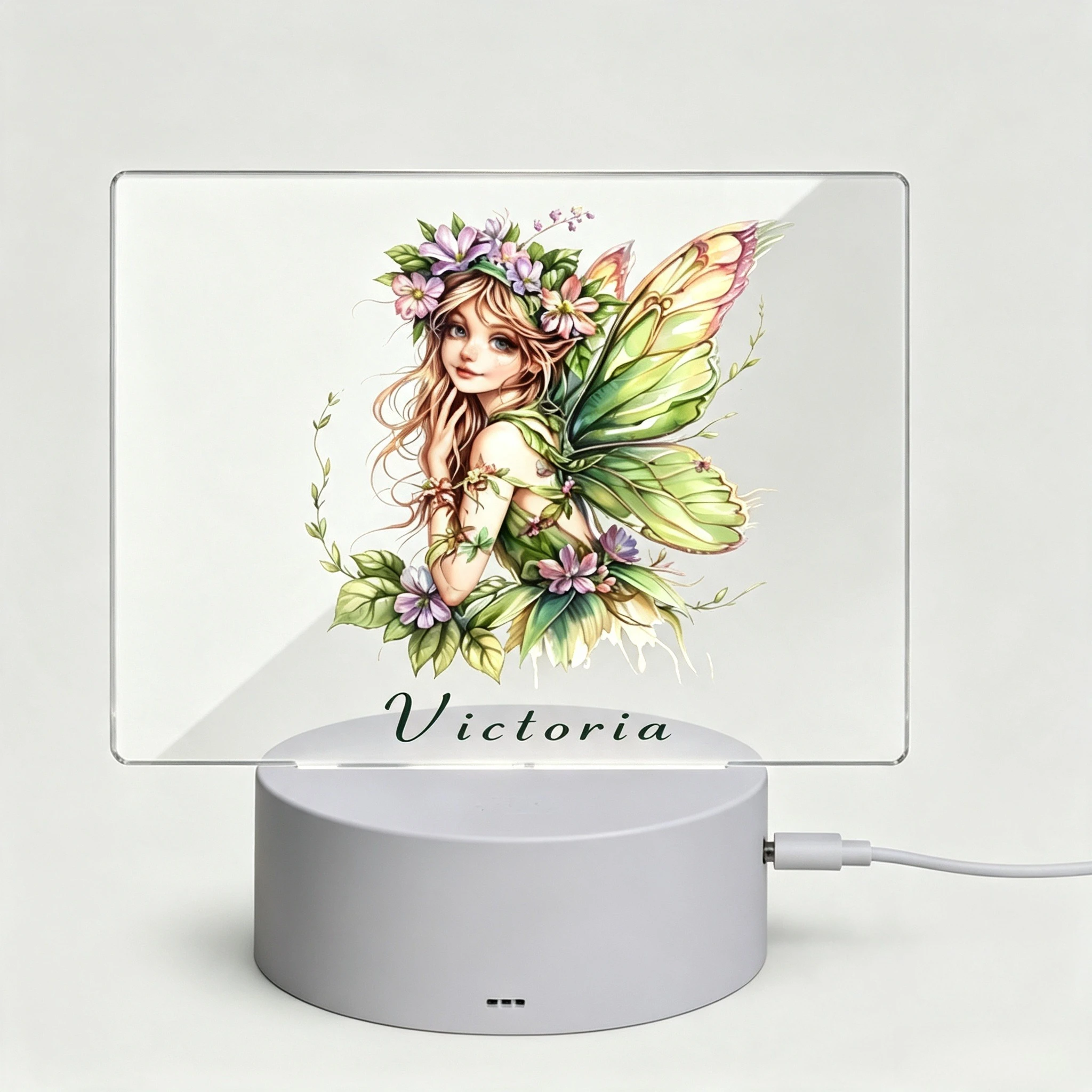 Magical Floral Fairy Acrylic Nightlight Custom Name Children Bedroom Lamp,Personalized Name Forest Fairy Square Acrylic LED Night Light For Girls
