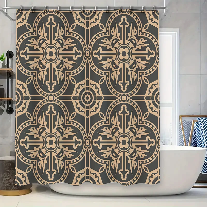 

Занавеска для душа с винтажным узором, водонепроницаемая, для украшения дома, декор для ванной комнаты, настраиваемый размер, темно-серые, бежевые цвета (60x72 дюйма)