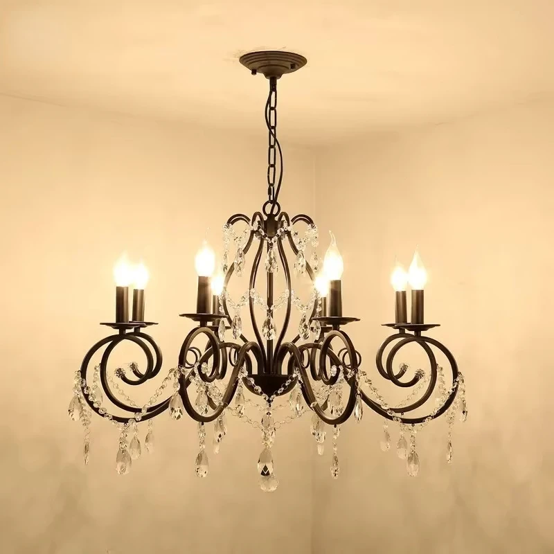 Lámpara de araña de cristal negro, 6 luces, elegante, accesorio de iluminación de techo de hierro y cristal para dormitorio, granja