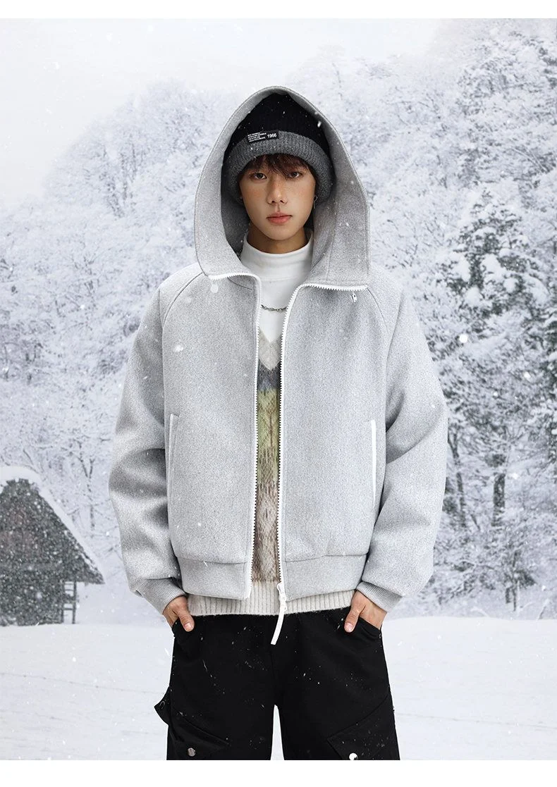 

Wool Blend Jacket Man Korean Mens Fleece-Lined Fall Color-Blocking Overlong College Polyester Basic Buttons-Down Turn-Down Style