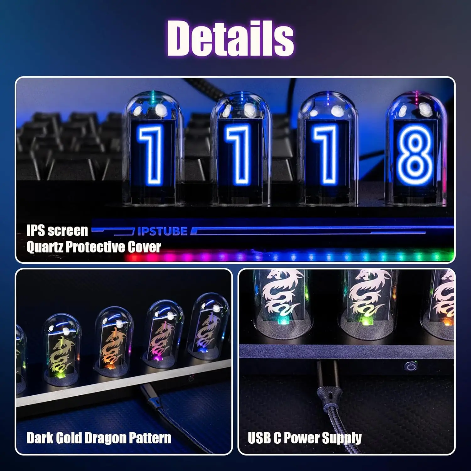 Nixie Tube RGB IPS Screen LED Retro Digital Clock Night Light,DIY Lamp Support Wi-Fi Time Calibration, APP Control, Weather Mode