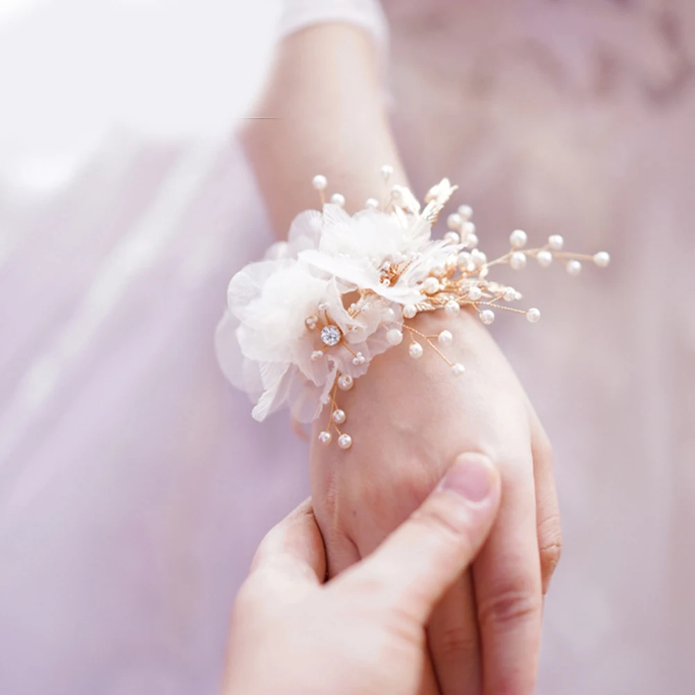 

Bridal Hair Accessories Bracelet Flower Wrist Corsage Wedding Golden Flowers for Bride