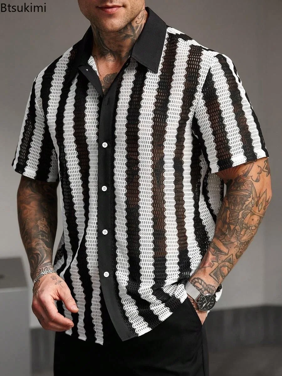 Summer Striped Shirt Men Single Breasted Hollow Out Shirts Short Sleeve Cardigan Shirt Knit Buttons Slim Fit Summer Spliced Tops
