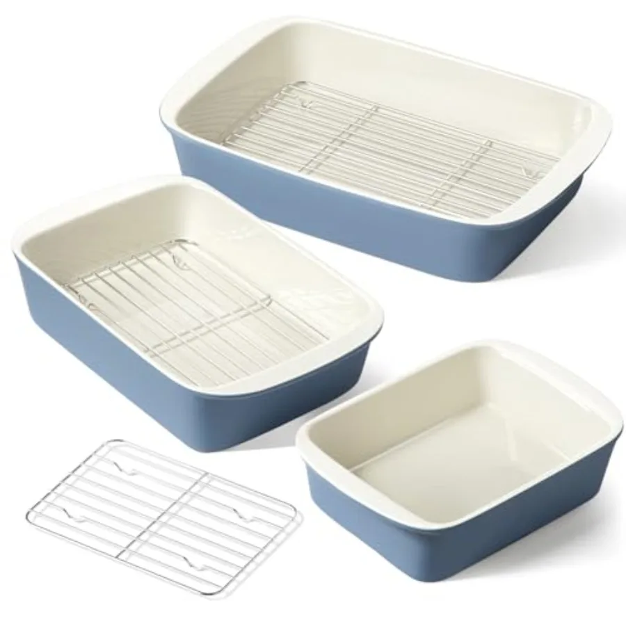 

Deep Casserole Dishes for Oven, 13.7"x9.6" Ceramic Baking Dish Set with Roasting Racks, Large Lasagna Pans with Handles, Rectan