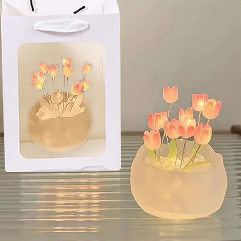 DIY Tulip Lamp Simulation Flower Bedroom Sleeping Table Lamp Handmade Craft Tulips Night Light Birthday Gift Pumpkin Cup Tulip N