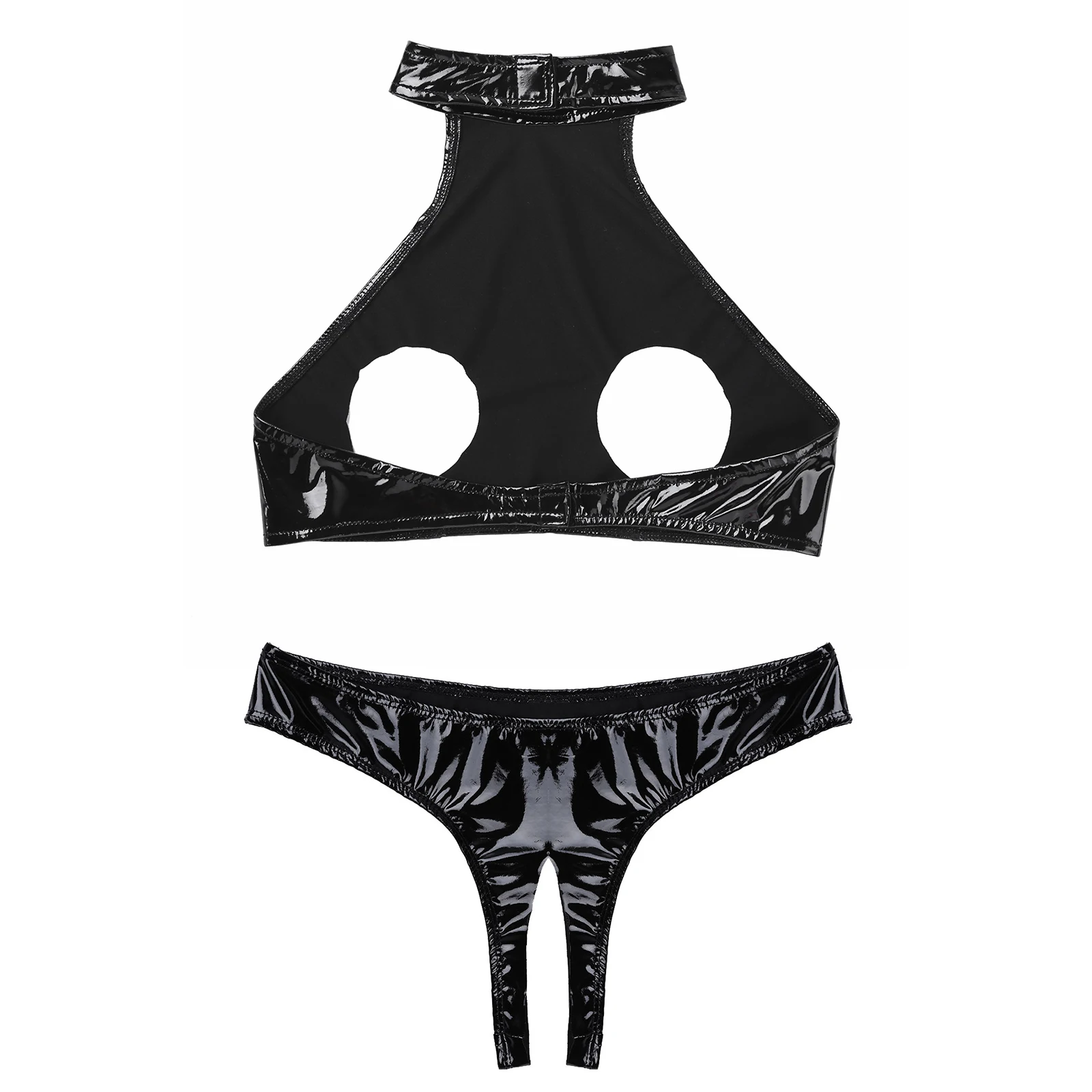 Womens Sexy Bare Chested Lingerie Set Patent Leather Underwear Suit Open Cups Bra Tops with Crotchless Briefs Nightwear Clubwear