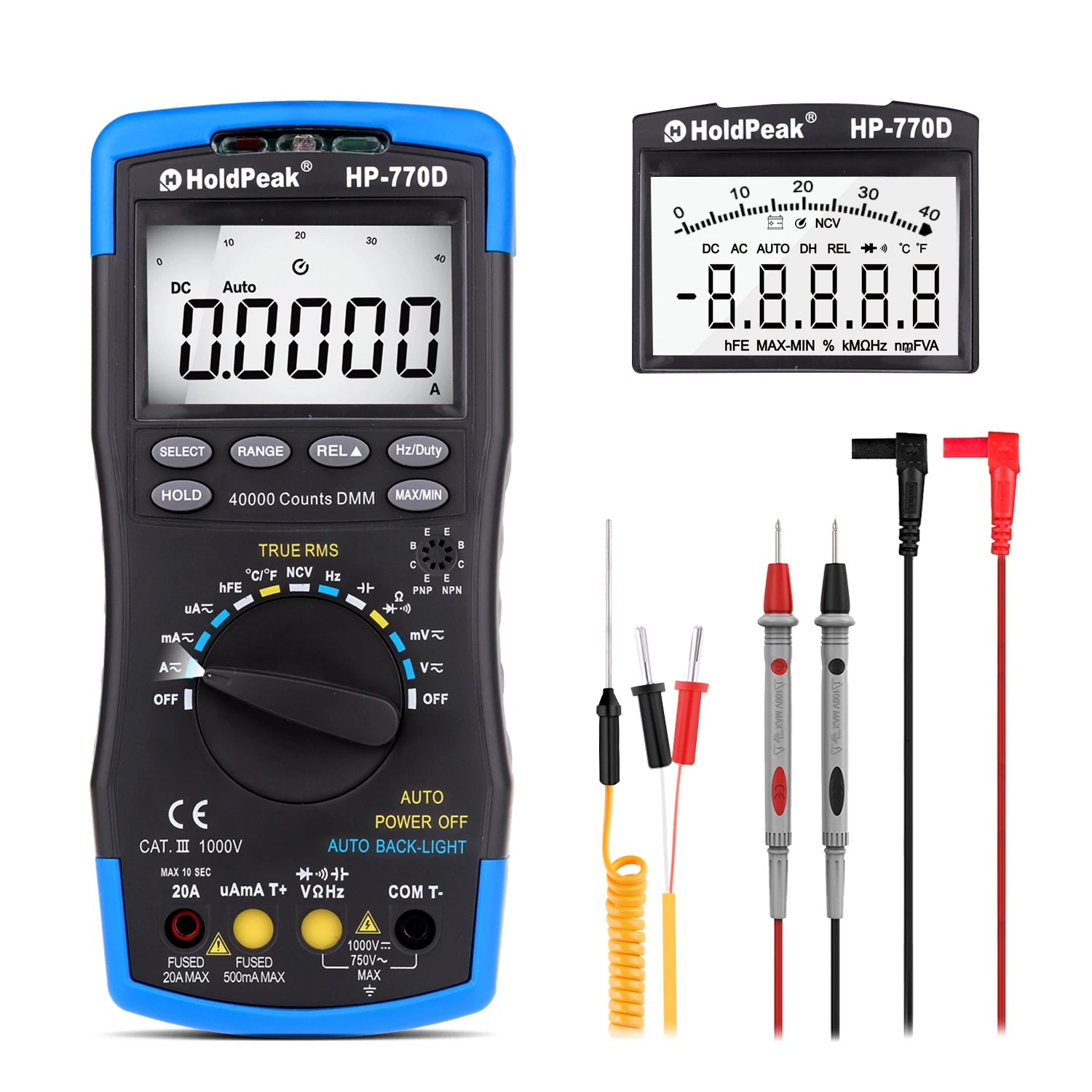 HoldPeak HP-770D Handheld Digital Multimeter with TRMS4000 LCD Display/High Accuracy Auto-Range/Wide Range/Large Capacity Chip